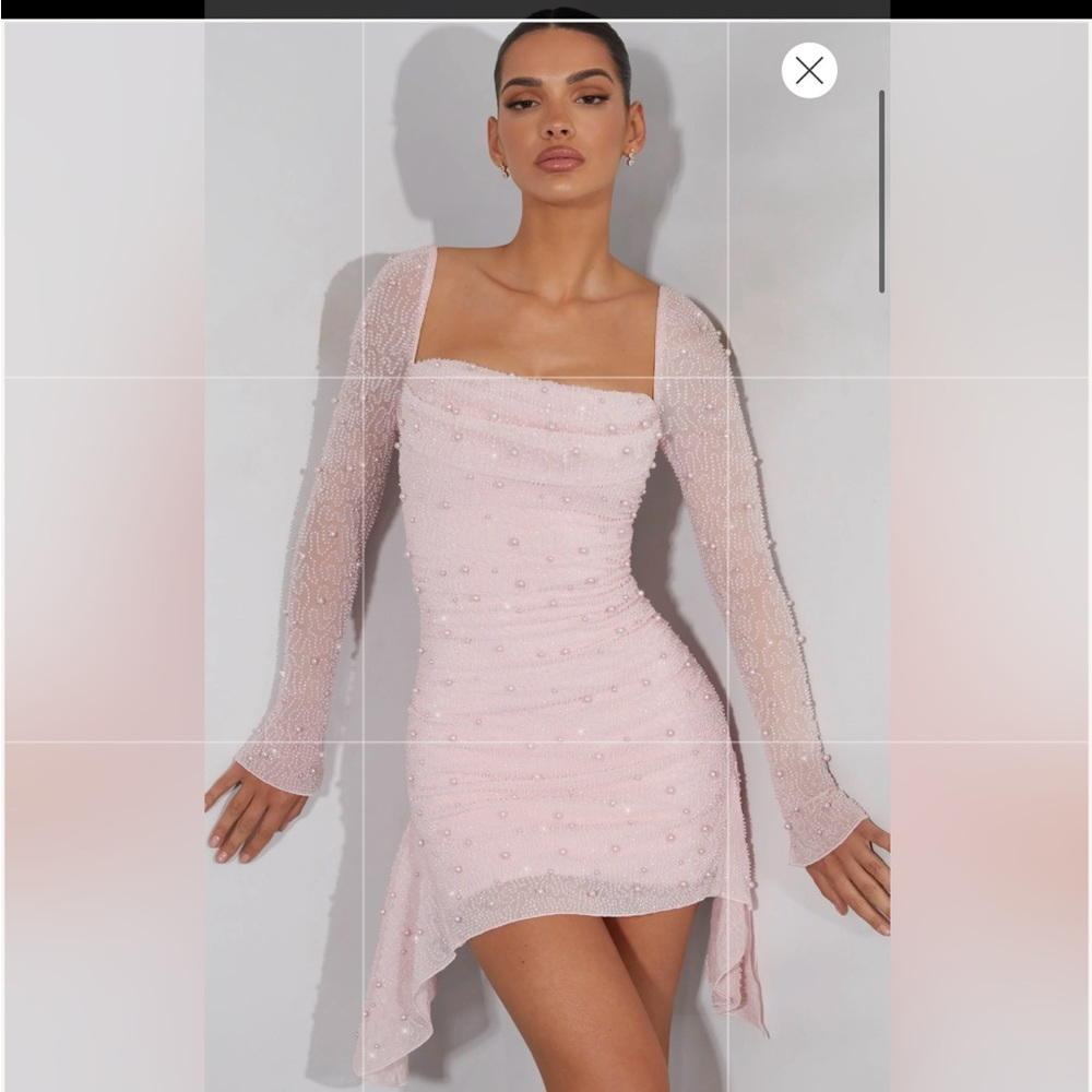 Long Sleeve Embellished Cowl Neck Mini Dress in Blush Pink